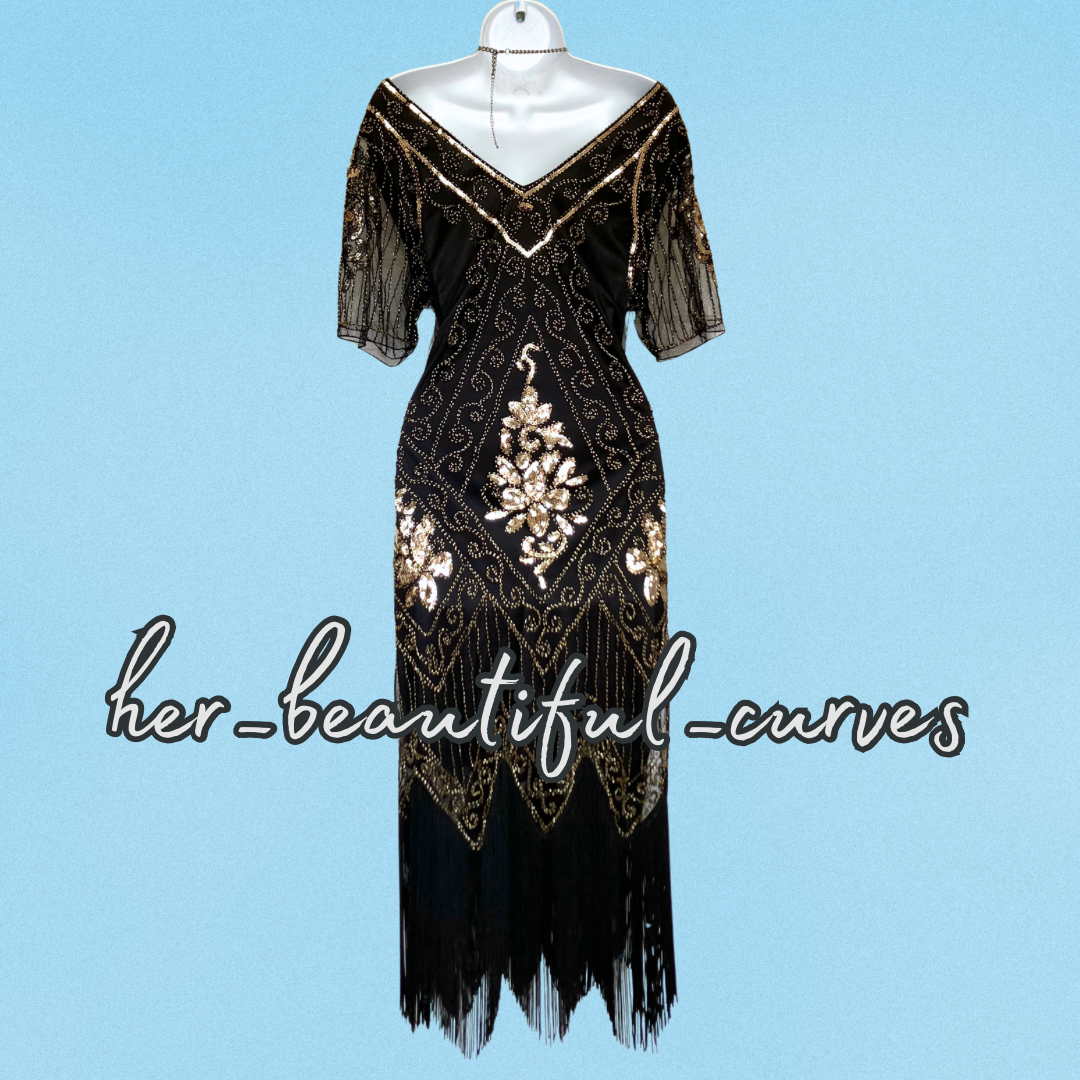 FAYBOX 20s GATSBY FLAPPER SEQUINED BEADED FRINGED PARTY DRESS SIZE L FITS 14
