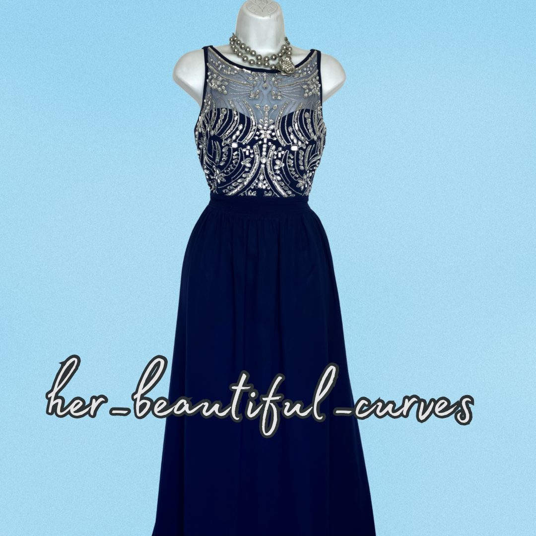QUIZ RICH NAVY SHIMMERING SILVER EMBROIDERIES & BEADS MAXI EVEING DRESS SIZE 18
