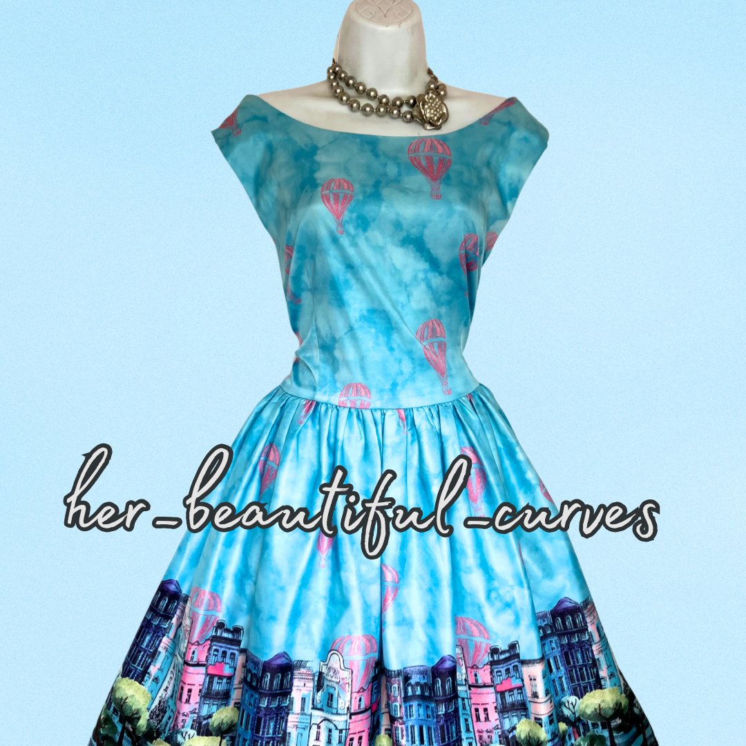 LINDY BOP BLUE PARISIAN PATTERN VINTAGE STYLE OCCASION PARTY DRESS SIZE 18