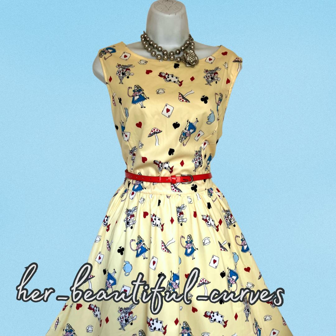 LINDY BOP ALICE IN WONDERLAND 50s VINTAGE STYLE OCCASION PARTY DRESS SIZE 16 NEW