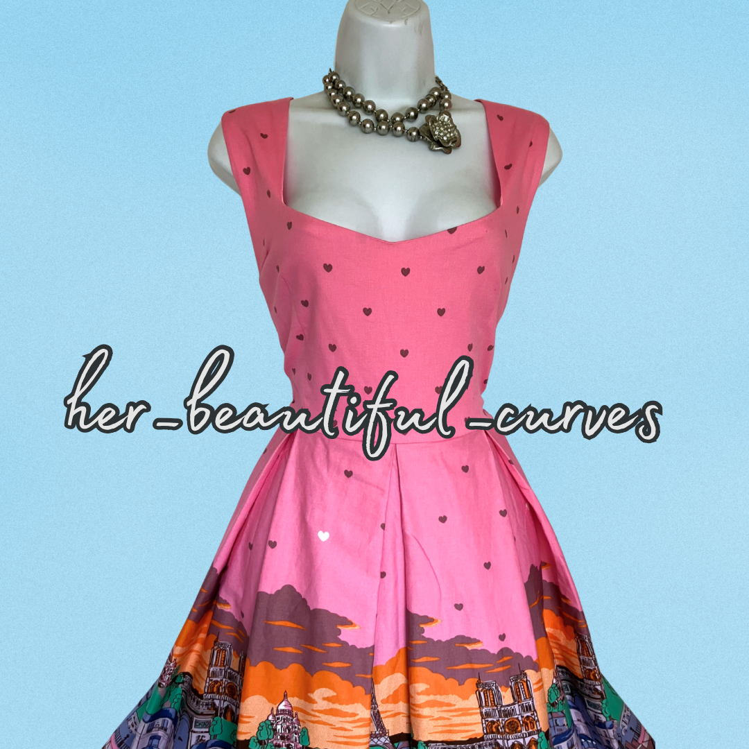 LINDY BOP PINK PARIS PRINT VINTAGE STYLE OCCASION PARTY DRESS SIZE 18 fits 16