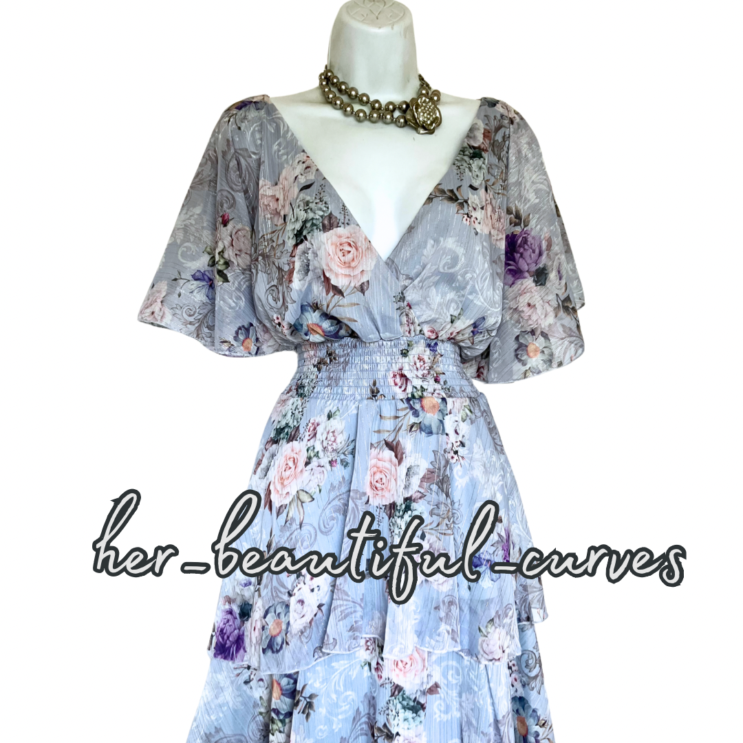 QUIZ FLORAL PRINT GLITTERING THREADS TIERED MIDI OCCASION PARTY DRESS SIZE 18