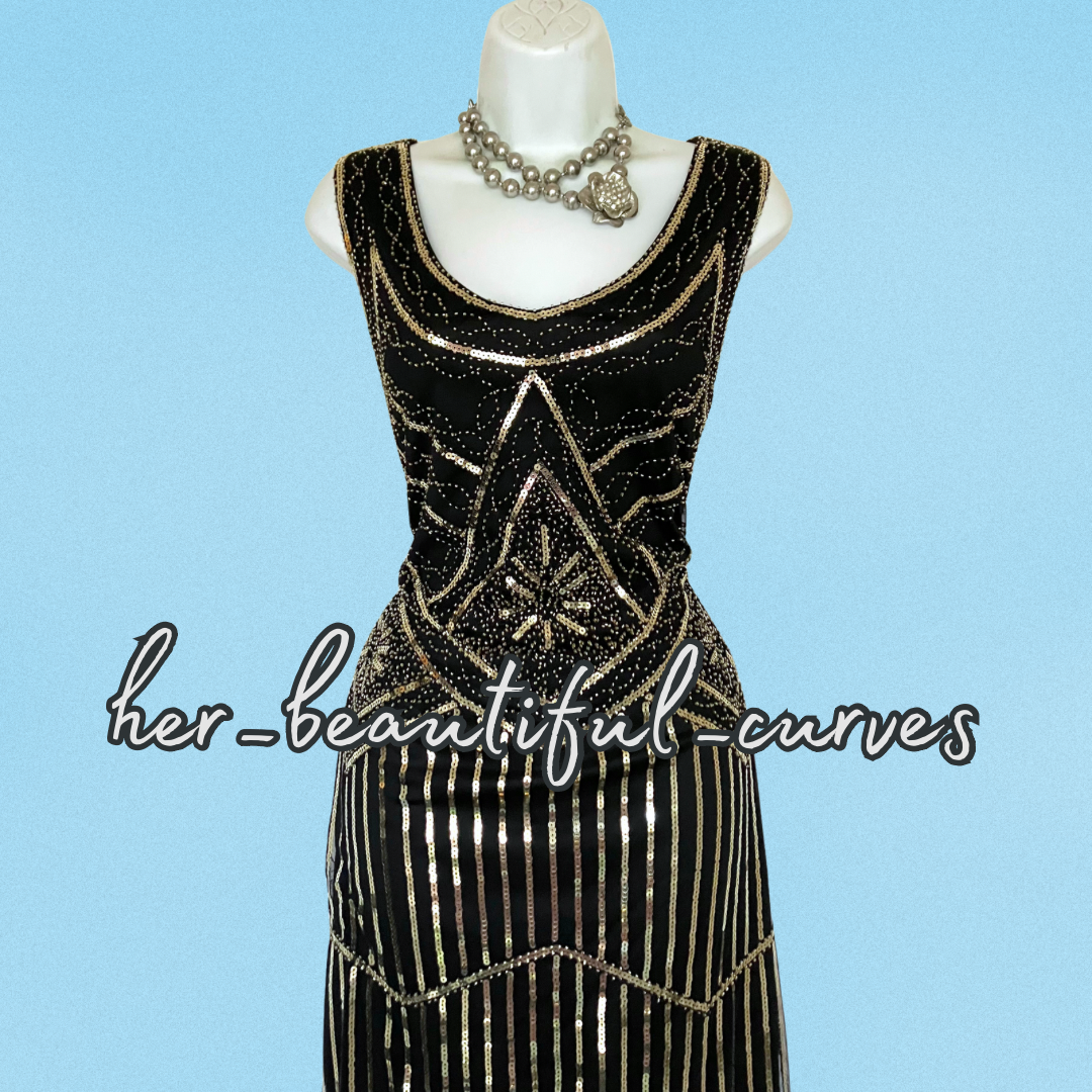 LADIES SEQUINED BEADED FRINGED 20s GATSBY OCCASION PARTY DRESS SIZE L FITS 12/14