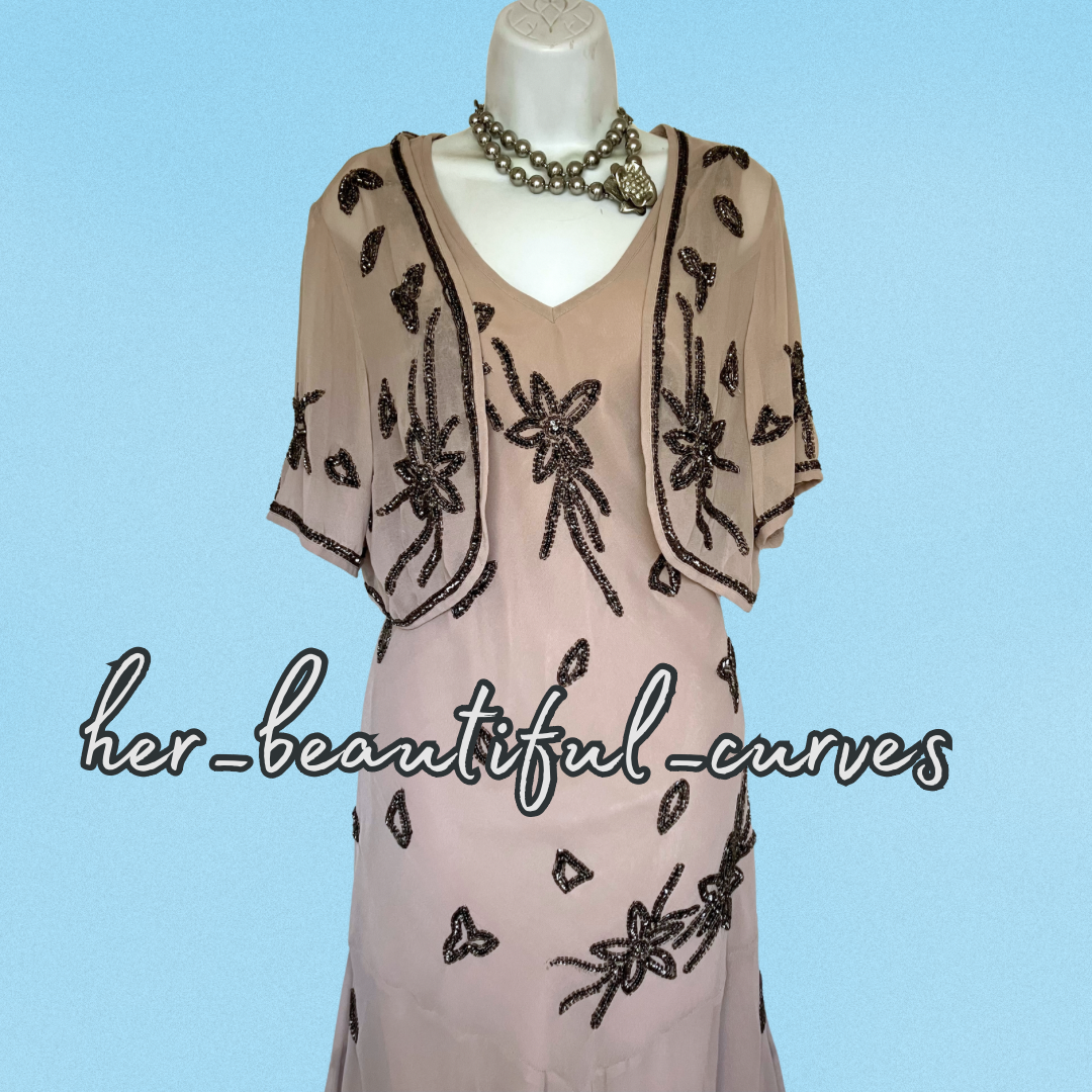 BERKERTEX SEQUINED BEADED FLORAL HANDKERCHIEF HEM DRESS & BOLERO SIZE 16 new