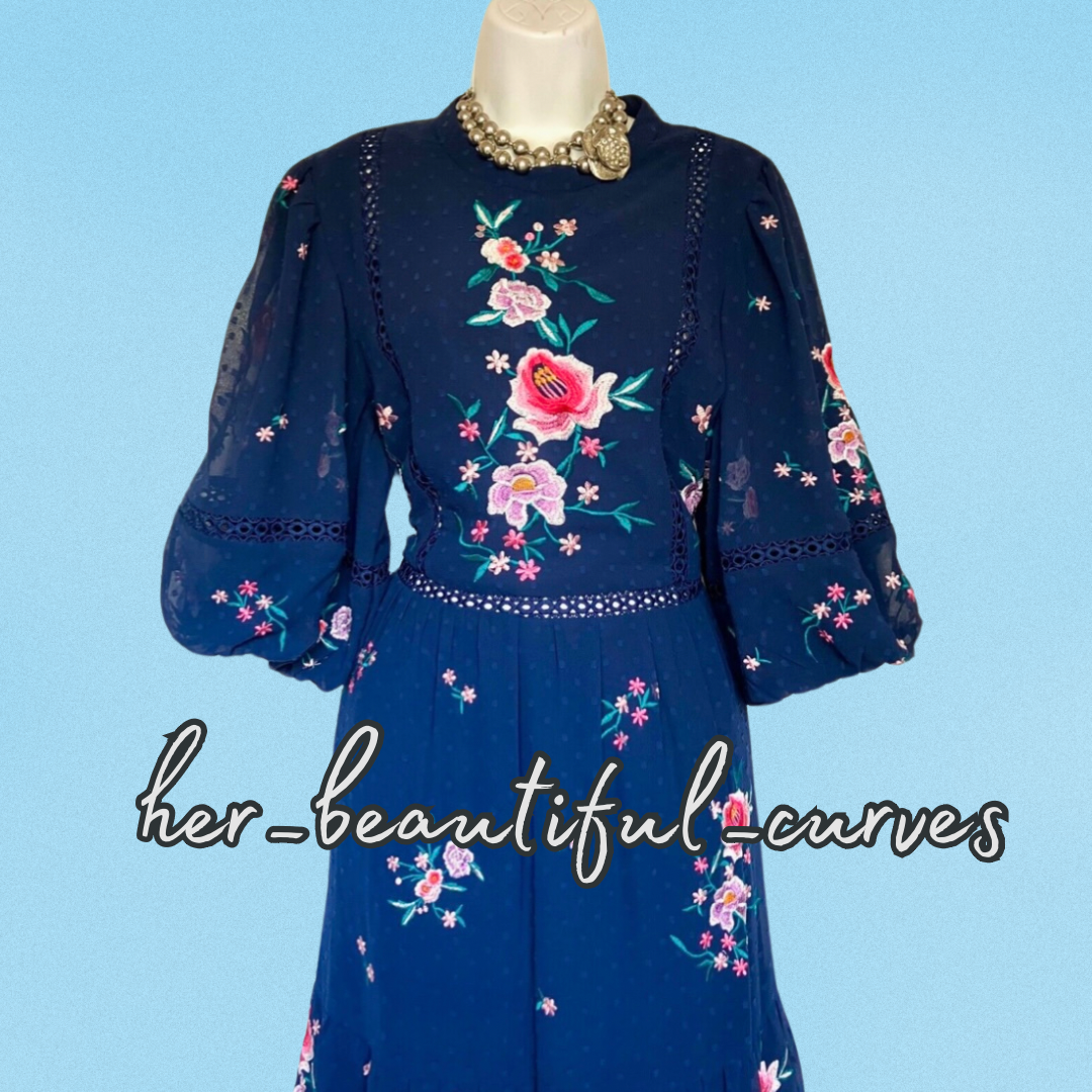 ASOS NAVY Embroidered FLORAL MIDI OCCASION PARTY DRESS SIZE 24