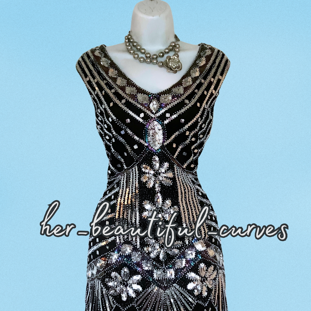 LADIES SEQUINS BEADS 20s GATSBY OCCASION PARTY DRESS SIZE XL FITS 12/14