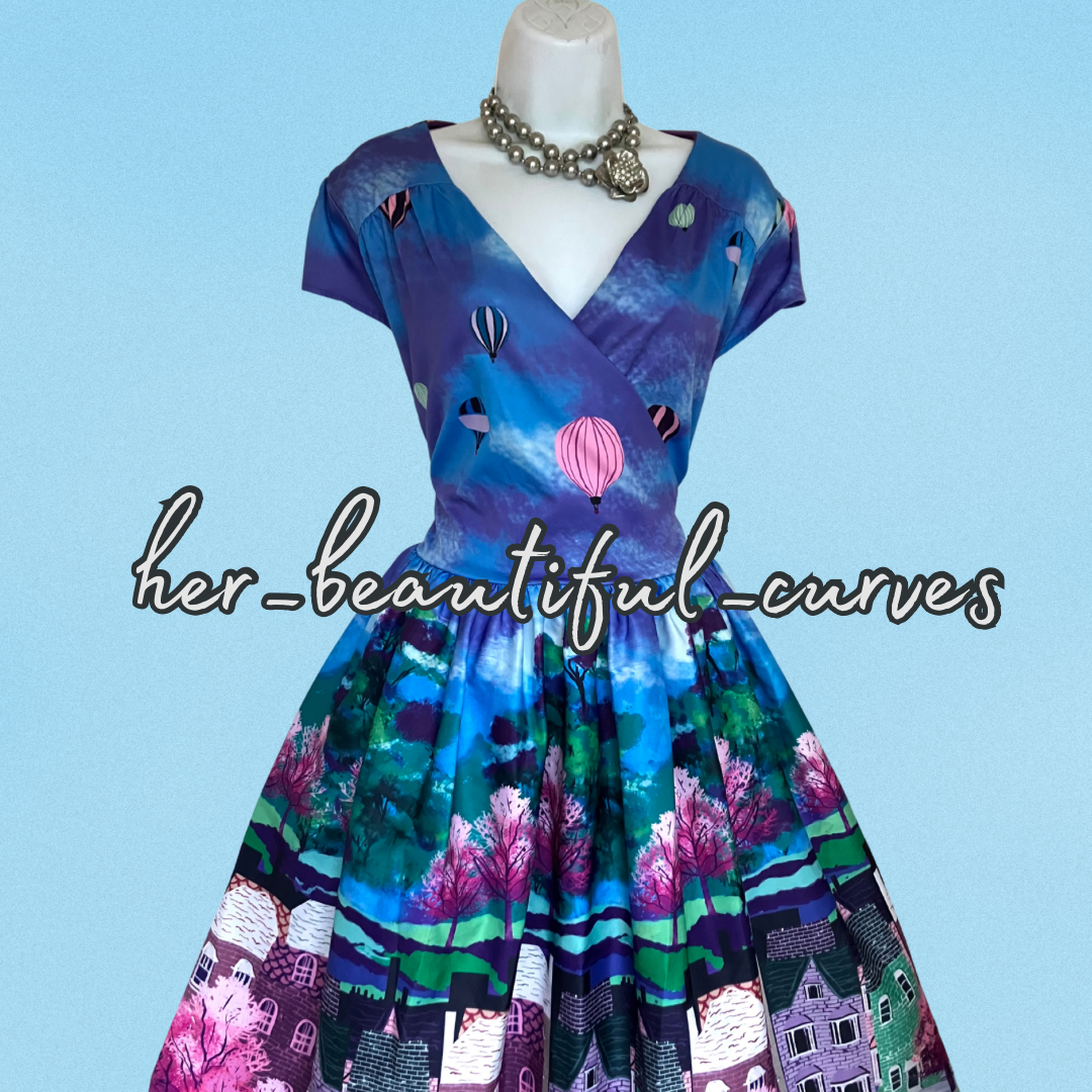 LINDY BOP PURPLE STREET PRINT VINTAGE STYLE WEDDING OCCASION PARTY DRESS SIZE 18