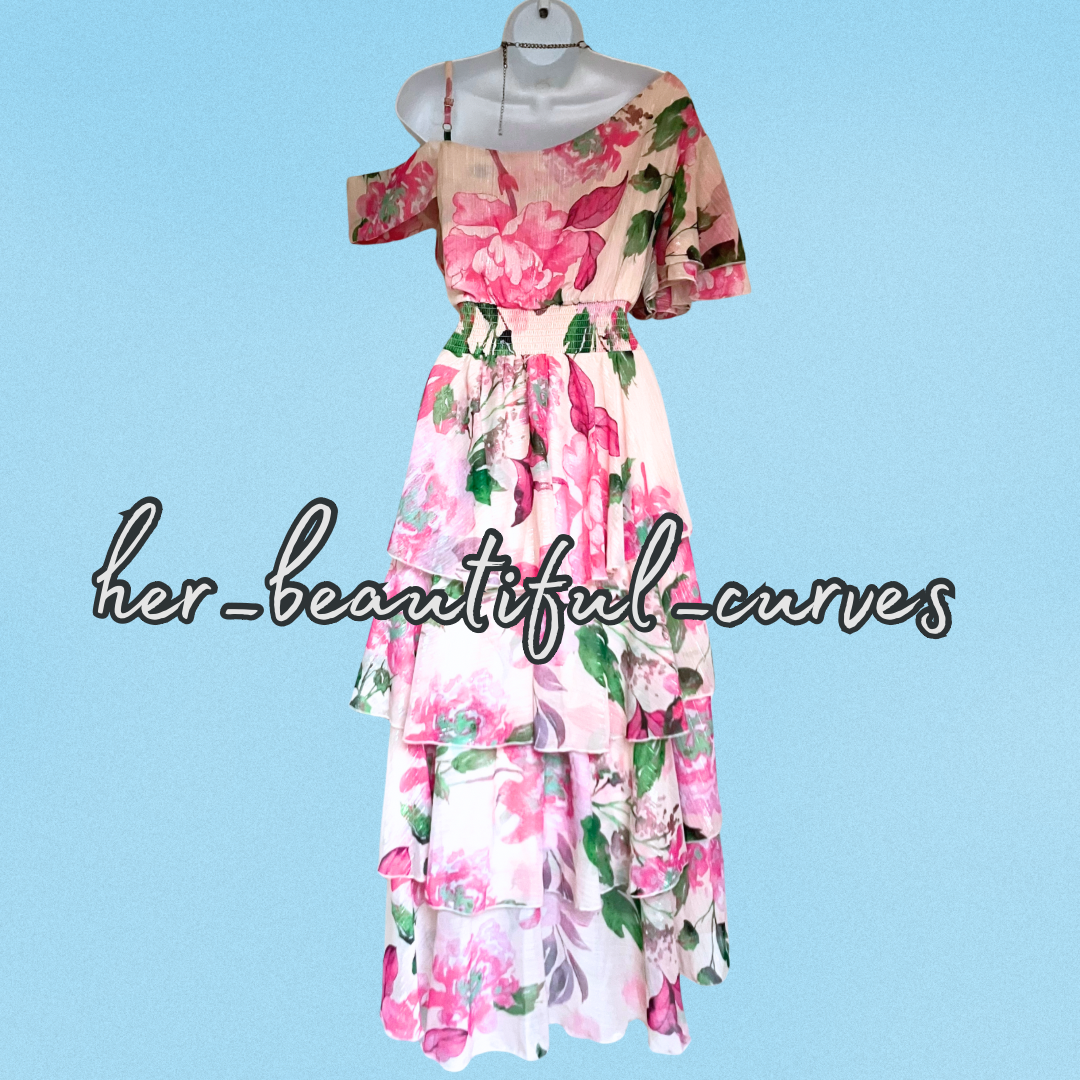 QUIZ ONE SHOULDER FLORAL SHIMMERING THREADS HI LOW PARTY DRESS SIZE 18