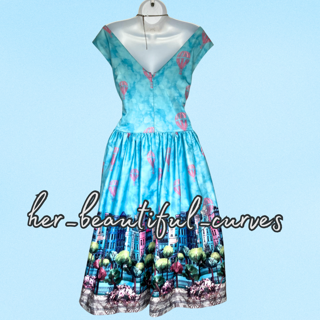 LINDY BOP BLUE PARISIAN PATTERN VINTAGE STYLE OCCASION PARTY DRESS SIZE 18