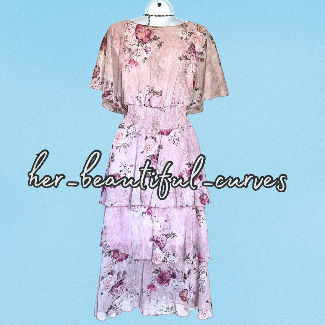 QUIZ FLORAL PRINT GLITTERING THREADS TIERED MIDI OCCASION PARTY DRESS SIZE 14