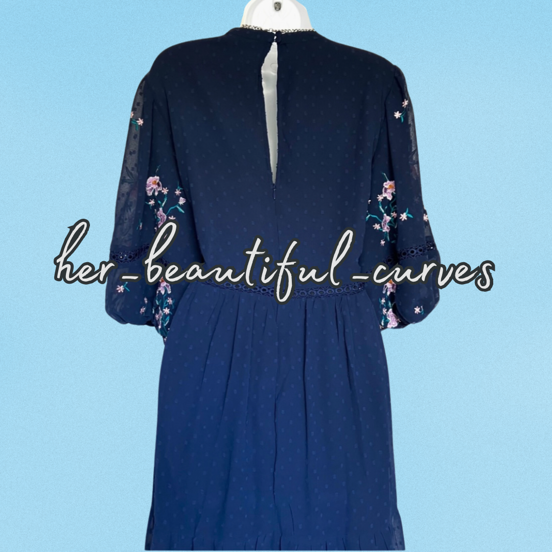 ASOS NAVY Embroidered FLORAL MIDI OCCASION PARTY DRESS SIZE 24
