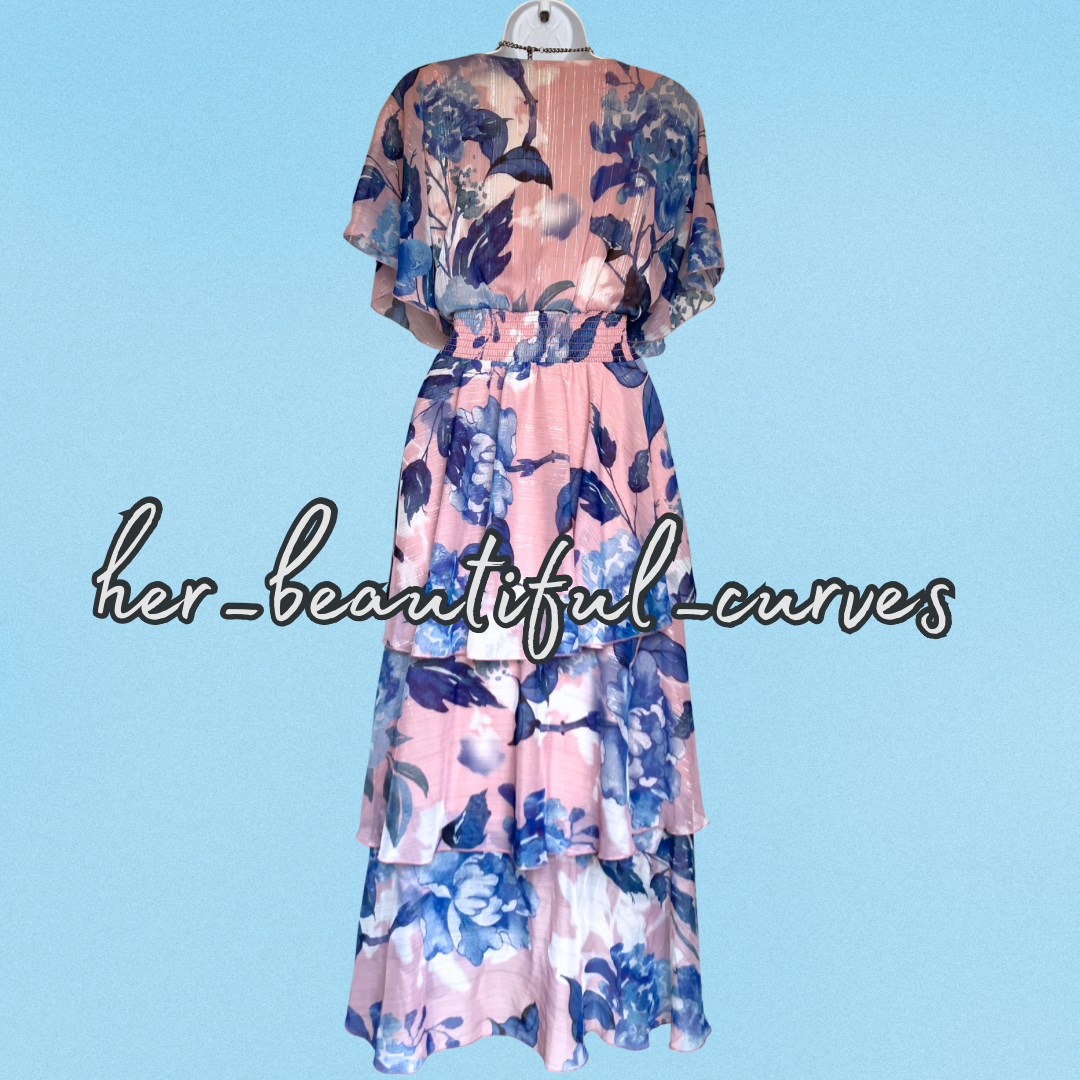 QUIZ FLORAL PRINT GLITTER THREADS TIERED HI LOW PARTY DRESS SIZE 20