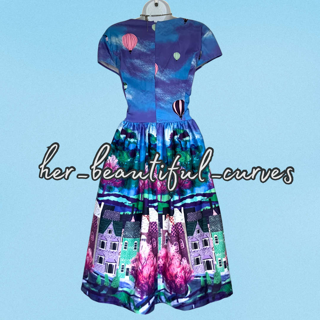 LINDY BOP PURPLE STREET PRINT VINTAGE STYLE WEDDING OCCASION PARTY DRESS SIZE 18