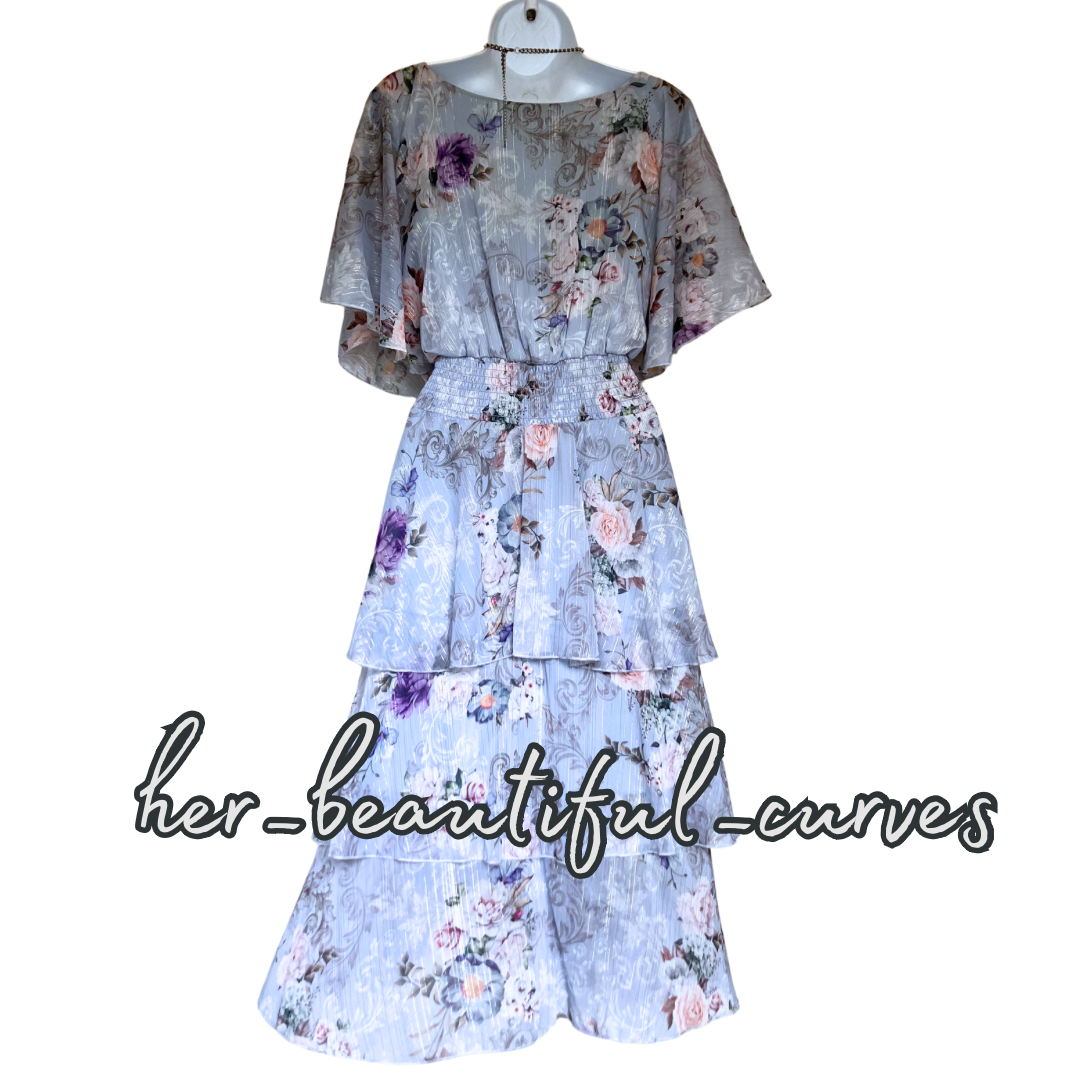 QUIZ FLORAL PRINT GLITTERING THREADS TIERED MIDI OCCASION PARTY DRESS SIZE 18