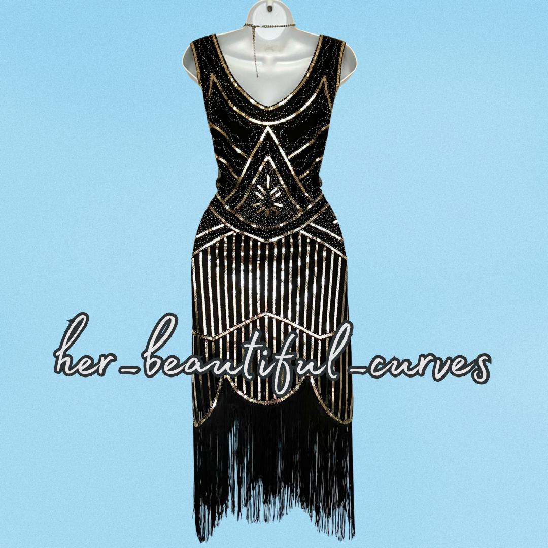 LADIES SEQUINED BEADED FRINGED 20s GATSBY OCCASION PARTY DRESS SIZE L FITS 12/14