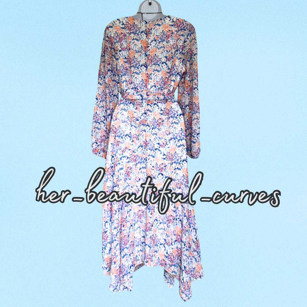 QUIZ FLORAL & DOT PATTERN HANDKERCHIEF HEM WEDDING OCCASION PARTY DRESS SIZE 14