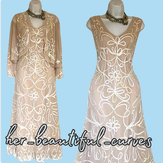 NIGHTINGALES TAPE WORK WEDDING OCCASION PARTY DRESS & BOLERO SIZE 20