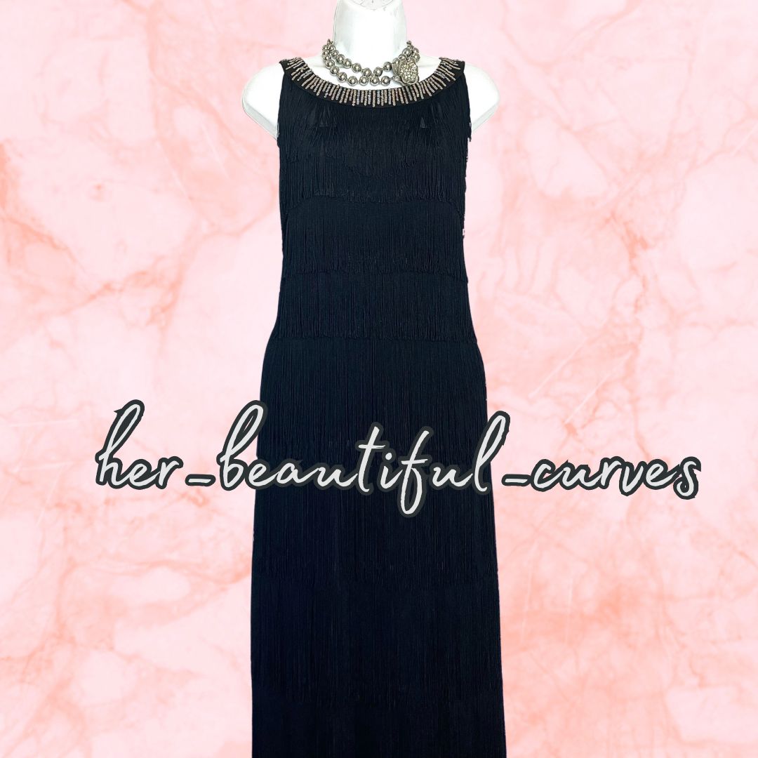 ROMAN BLACK SEQUINNED TIERED FRINGED 20s GATSBY EVEING OCCASION DRESS SIZE 20