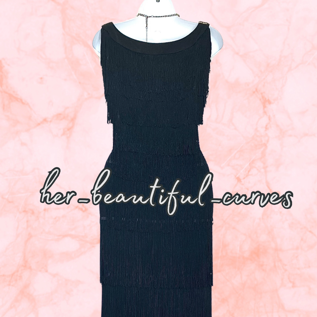 ROMAN BLACK SEQUINNED TIERED FRINGED 20s GATSBY EVEING OCCASION DRESS SIZE 20