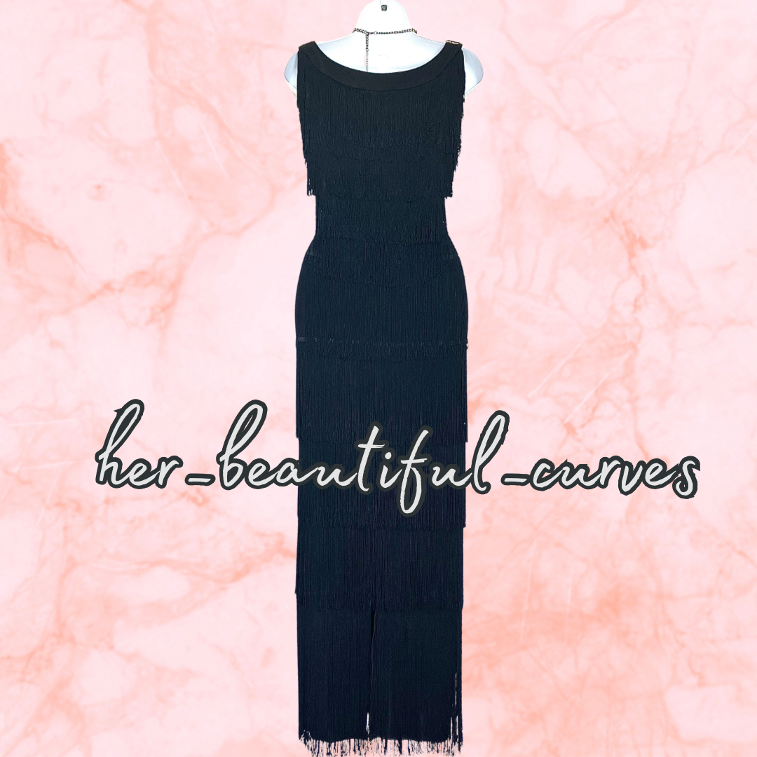 ROMAN BLACK SEQUINNED TIERED FRINGED 20s GATSBY EVEING OCCASION DRESS SIZE 20