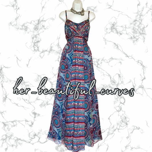 MONSOON ART DECO PEACOCK PRINT MAXI OCCASION PARTY DRESS SIZE 16 fits 14