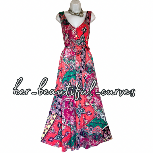 MINSOON PAISLEY HERITAGE JERSEY WEDDING OCCASION PARTY DRESS SIZE L fits 16/18