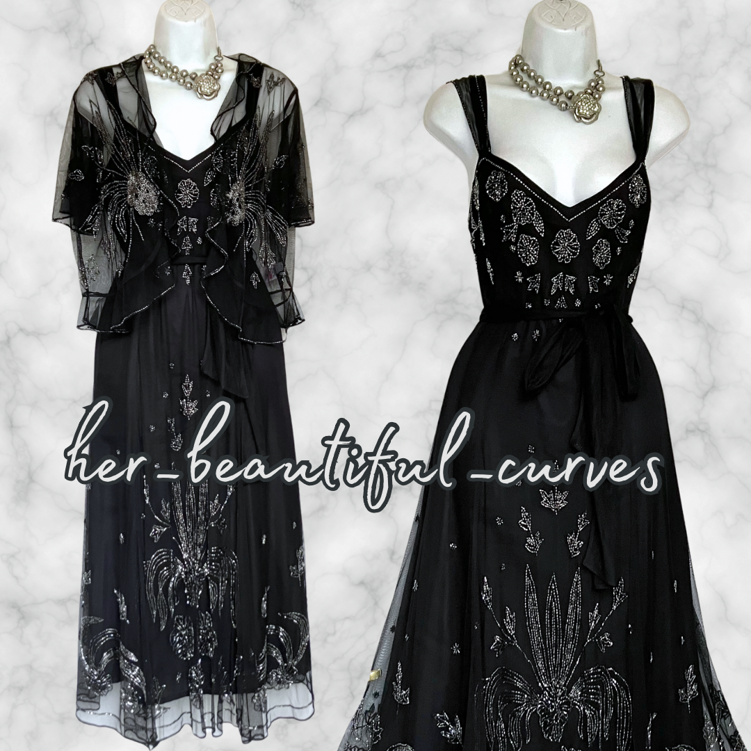 LADIES BLACK BEADED EMBELLISHED OCCASION PARTY DRESS & BOLERO SIZE 16