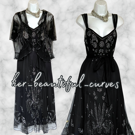 LADIES BLACK BEADED EMBELLISHED OCCASION PARTY DRESS & BOLERO SIZE 16
