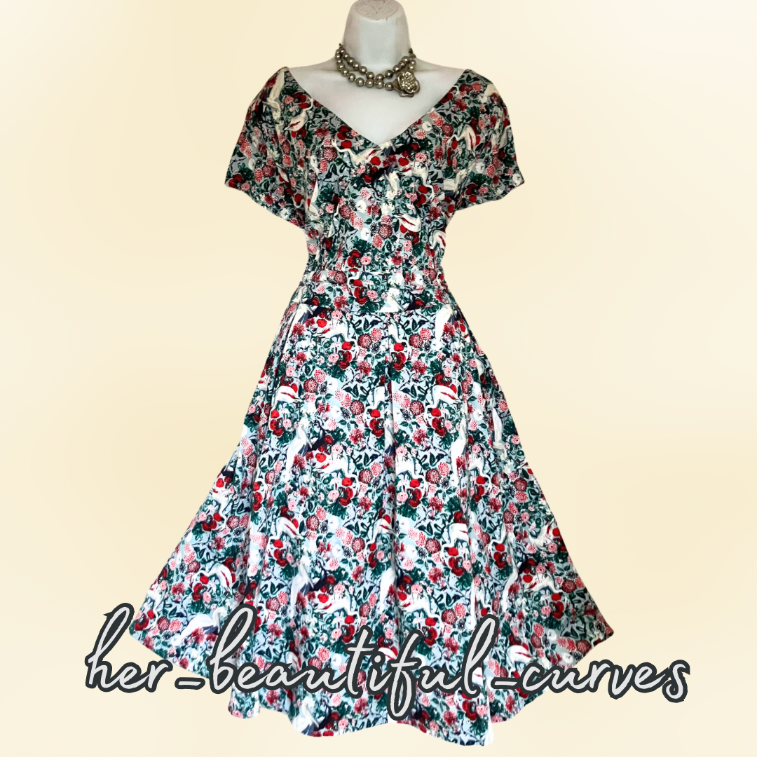 JOE BROWNS CRANE & FLORAL PRINT 50s FIT & FLARE PARTY DRESS SIZE 24