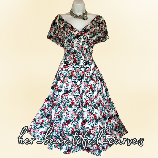 JOE BROWNS CRANE & FLORAL PRINT 50s FIT & FLARE PARTY DRESS SIZE 24