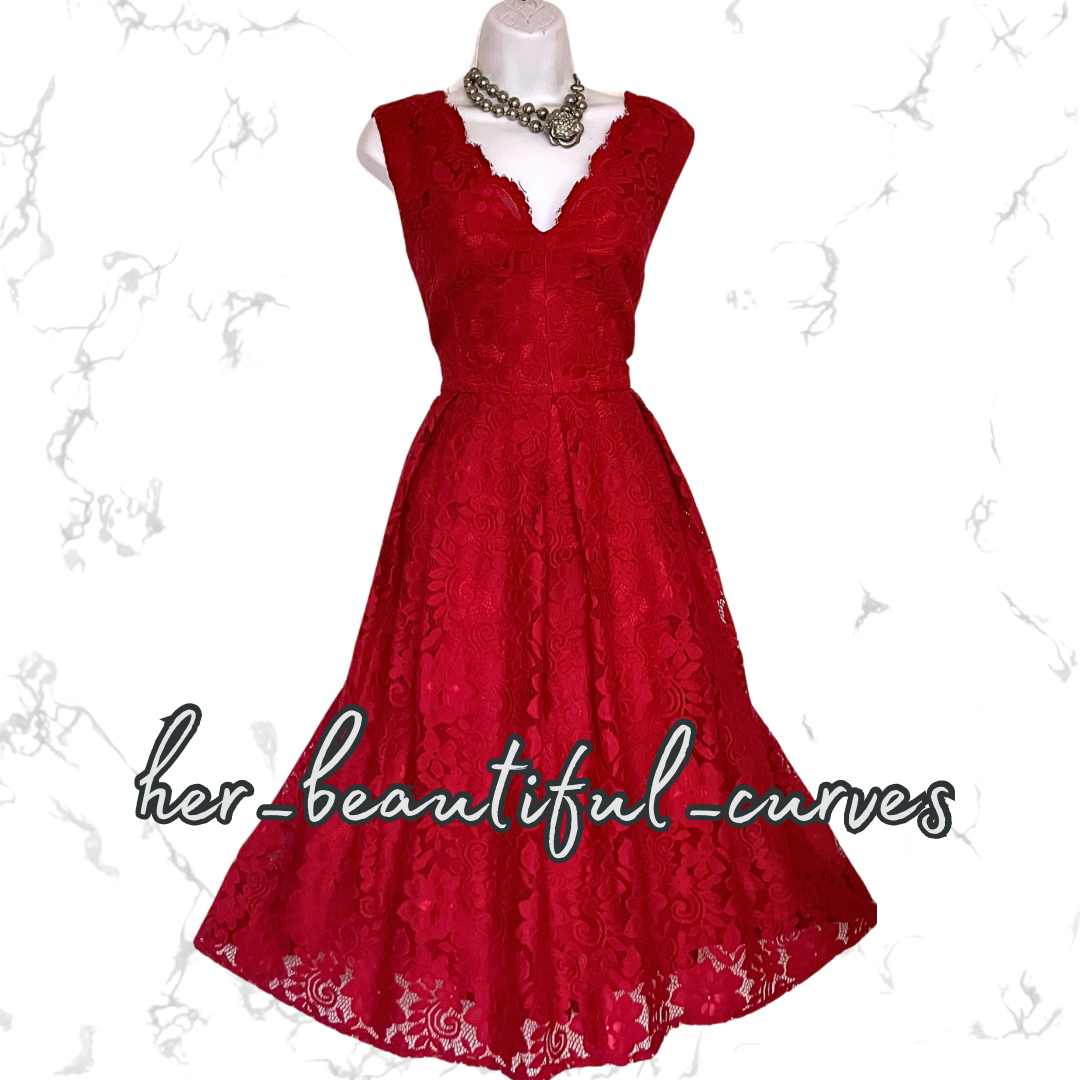 EXQUISITE JOLIE MOI RED APPLIQUÉ BLOOMS 50's STYLE FLARED PARTY DRESS SIZE 18
