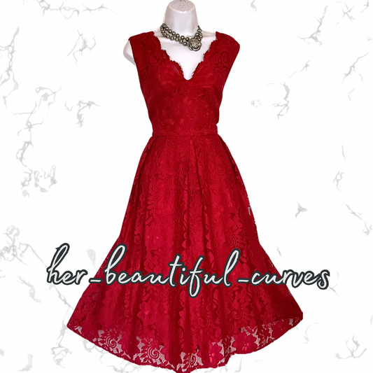 EXQUISITE JOLIE MOI RED APPLIQUÉ BLOOMS 50's STYLE FLARED PARTY DRESS SIZE 18