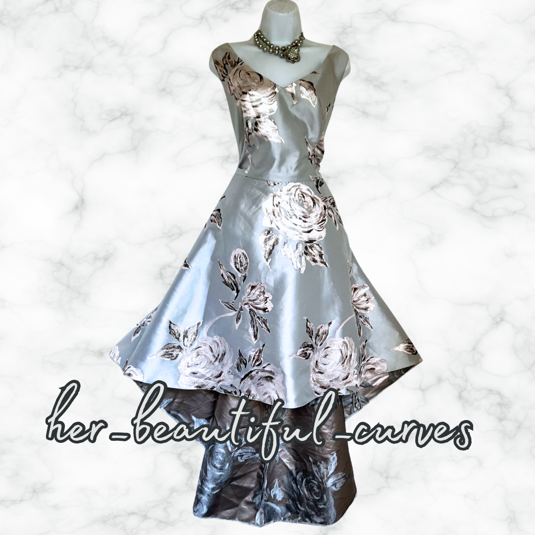 ROMAN JACQUARD FLORAL PATTERN HI LOW WEDDING OCCASION DRESS SIZE 20 (slim 20)
