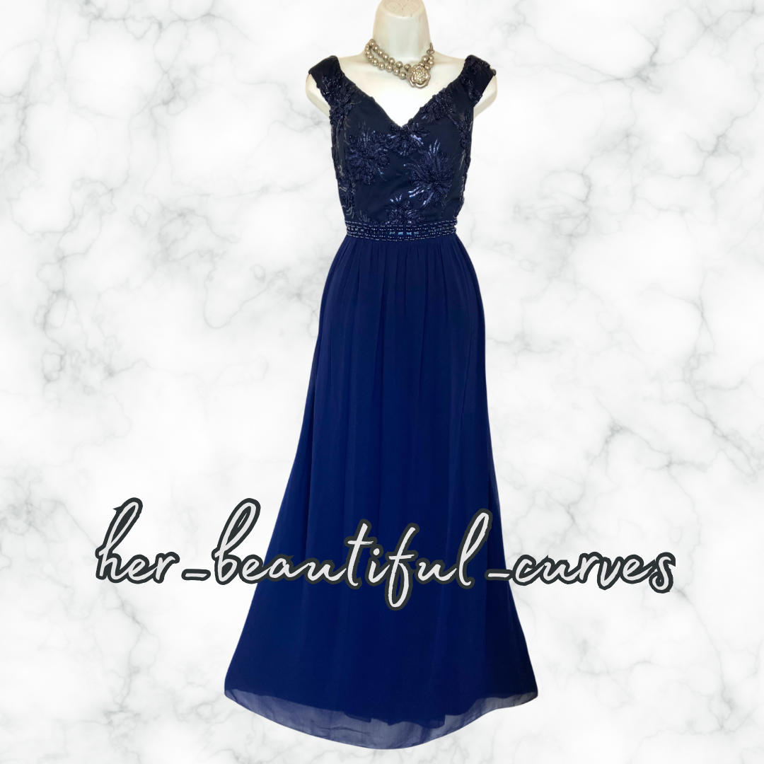 QUIZ NAVY EMBROIDERED SEQUINED MAXI EVENING OCCASION PARTY DRESS SIZE 16