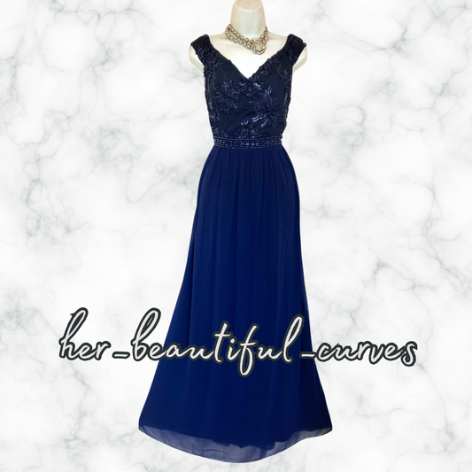 QUIZ NAVY EMBROIDERED SEQUINED MAXI EVENING OCCASION PARTY DRESS SIZE 16