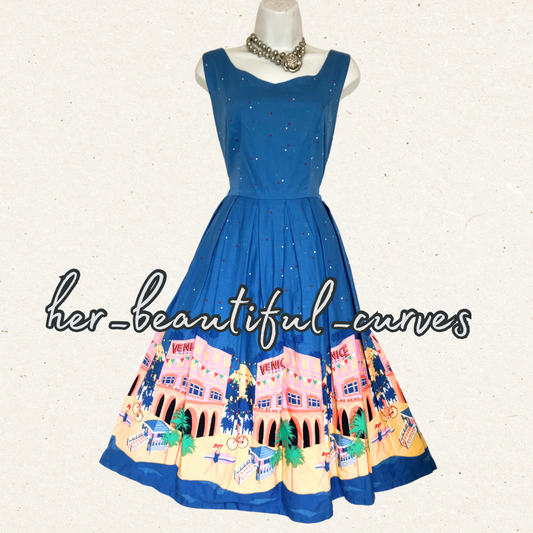 LINDY BOP VENICE BEACH PRINT 50s VINTAGE STYLE OCCASION PARTY DRESS SIZE 14
