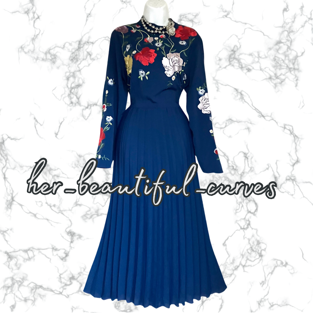 ASOS Embroidered FLORAL MIDI PLEAT OCCASION PARTY DRESS SIZE 14