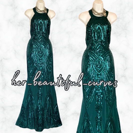 QUIZ GREEN SEQUINS FLOOR LENGTH WEDDING OCCASION EVENING PARTY DRESS SIZE 14
