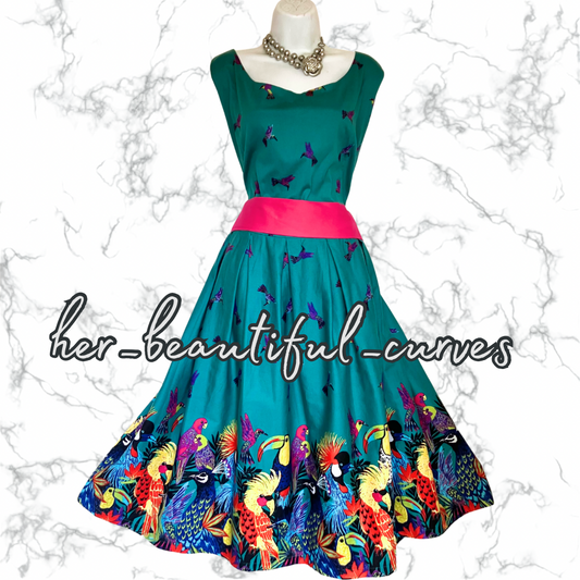 LINDY BOP TROPICAL BIRDS PATTERN 50s VINTAGE STYLE OCCASION PARTY DRESS SIZE 24