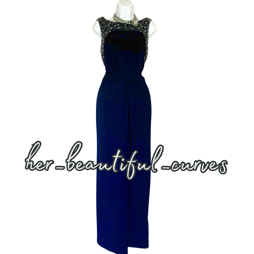 MONSOON BEADED NAVY MAXI JERSEY EVENING OCCASION PARTY DRESS SIZE 12 new
