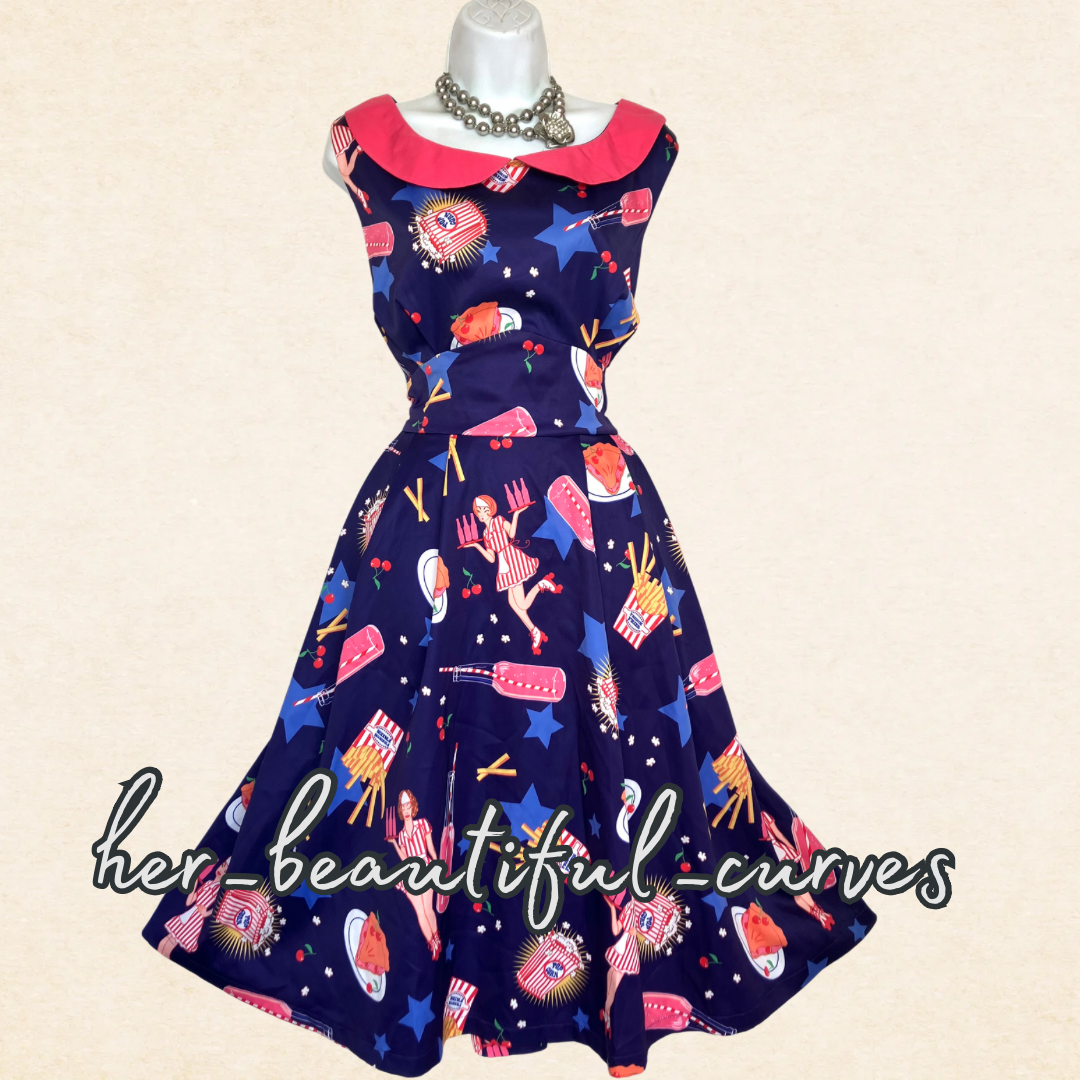 LINDY BOP CUTE DINER THEME PATTERN WEDDING OCCASION PARTY DRESS SIZE 16