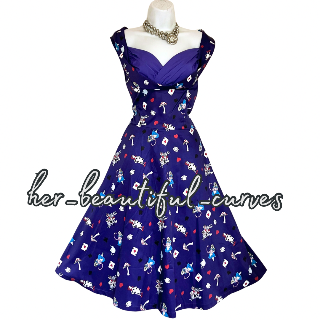 LINDY BOP ALICE IN WONDERLAND 50s VINTAGE STYLE OCCASION PARTY DRESS SIZE 16 NEW