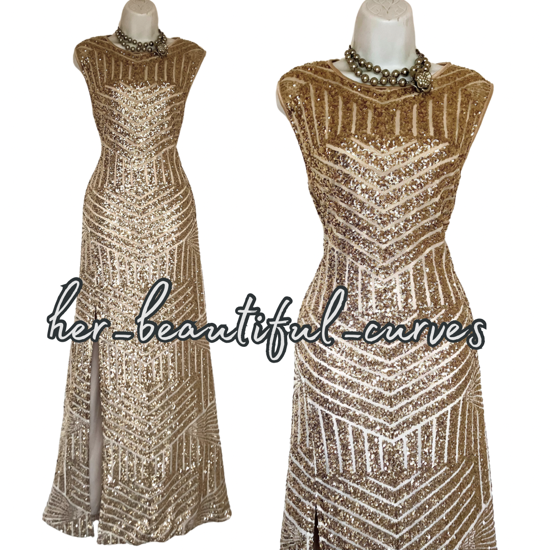 QUIZ SHIMMERING GOLD SEQUINS MAXI EVENING OCCASION PARTY DRESS SIZE 18 fits 16