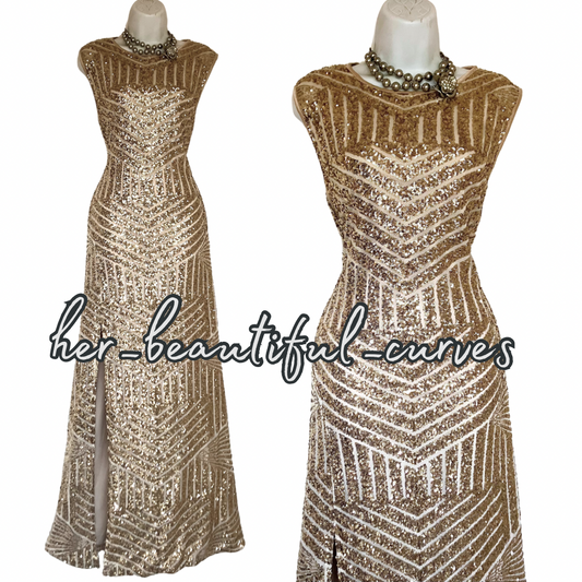 QUIZ SHIMMERING GOLD SEQUINS MAXI EVENING OCCASION PARTY DRESS SIZE 18 fits 16