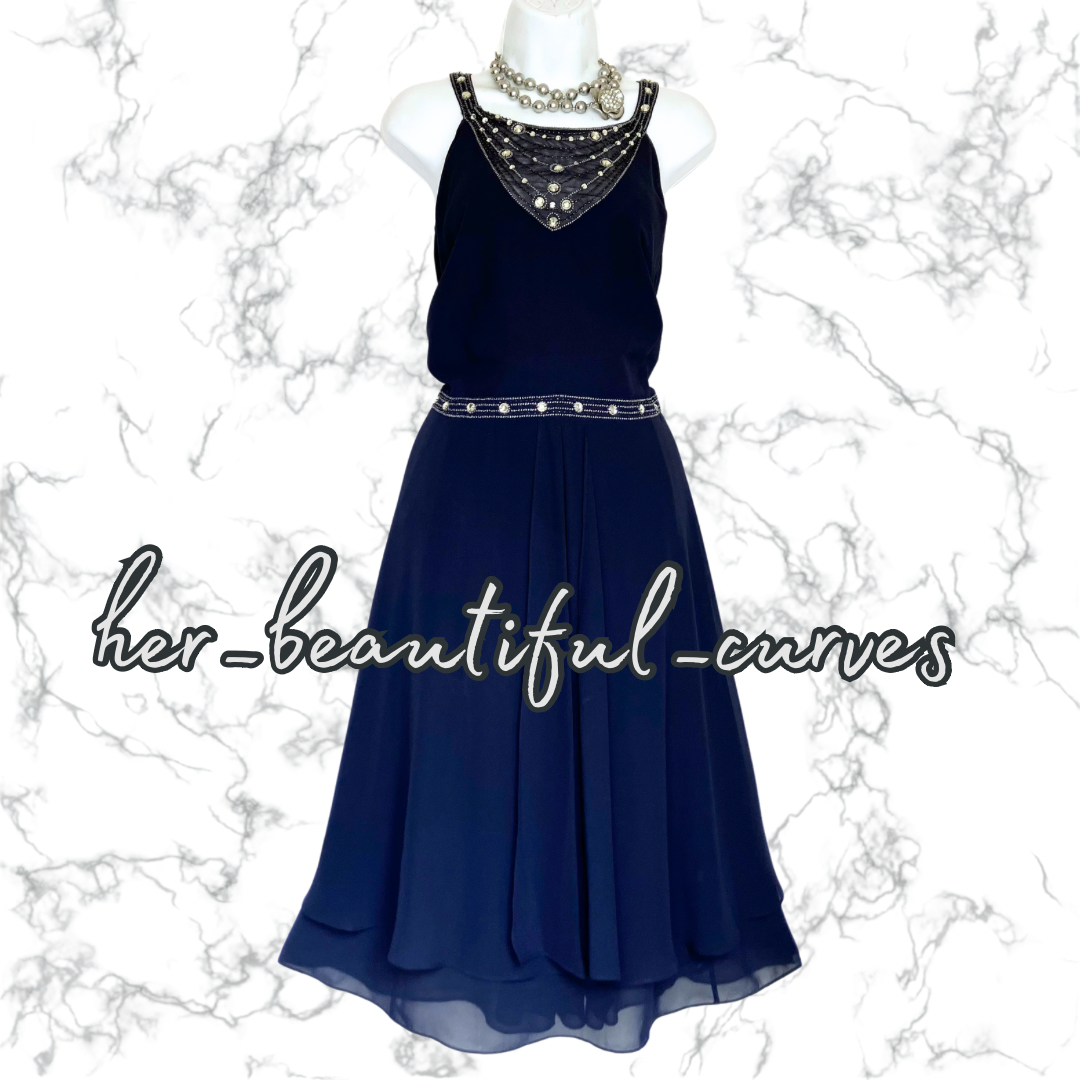 MONSOON BEADED NAVY OCCASION PARTY DRESS SIZE 22