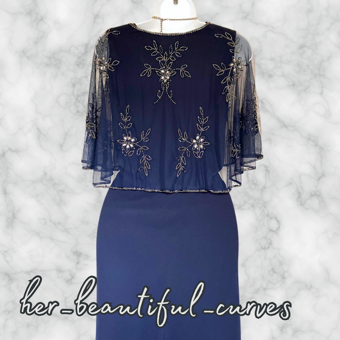 NIGHTINGALES NAVY BEADED EMBELLISHED OCCASION EVENING DRESS SIZE 16 new