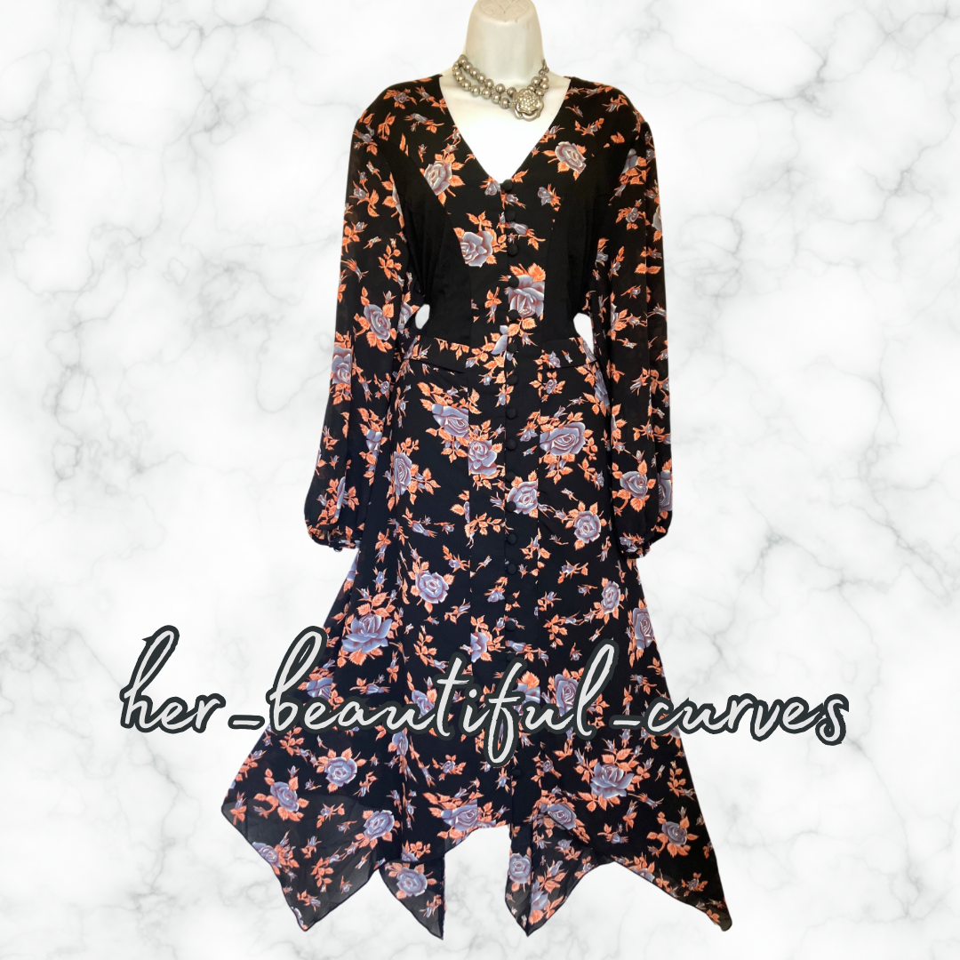 JOE BROWNS FLORAL PRINT HANDKERCHIEF HEM OCCASION PARTY DRESS SIZE 22