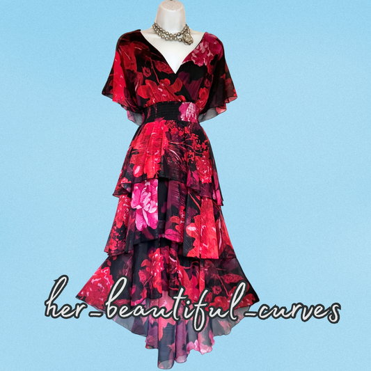 QUIZ FLORAL PRINT SHIMMERING THREADS TIERED WEDDING OCCASION PARTY DRESS SIZE 18