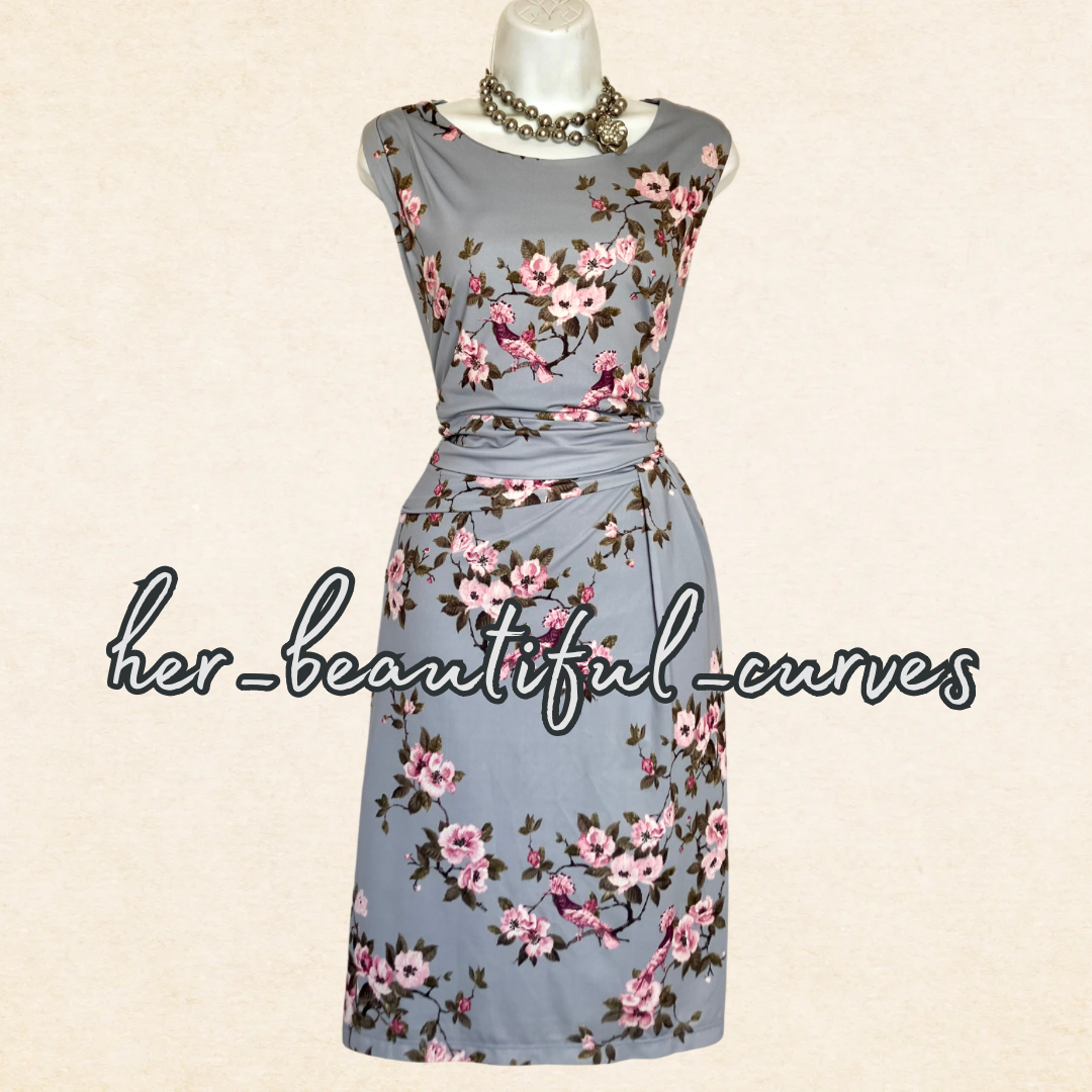 LAURA ASHLEY BIRDS & FLORAL JERSEY WEDDING OCCASION PARTY DRESS SIZE 16