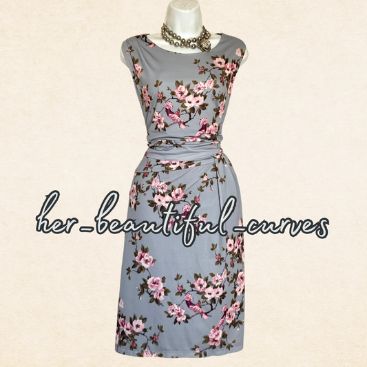 LAURA ASHLEY BIRDS & FLORAL JERSEY WEDDING OCCASION PARTY DRESS SIZE 16